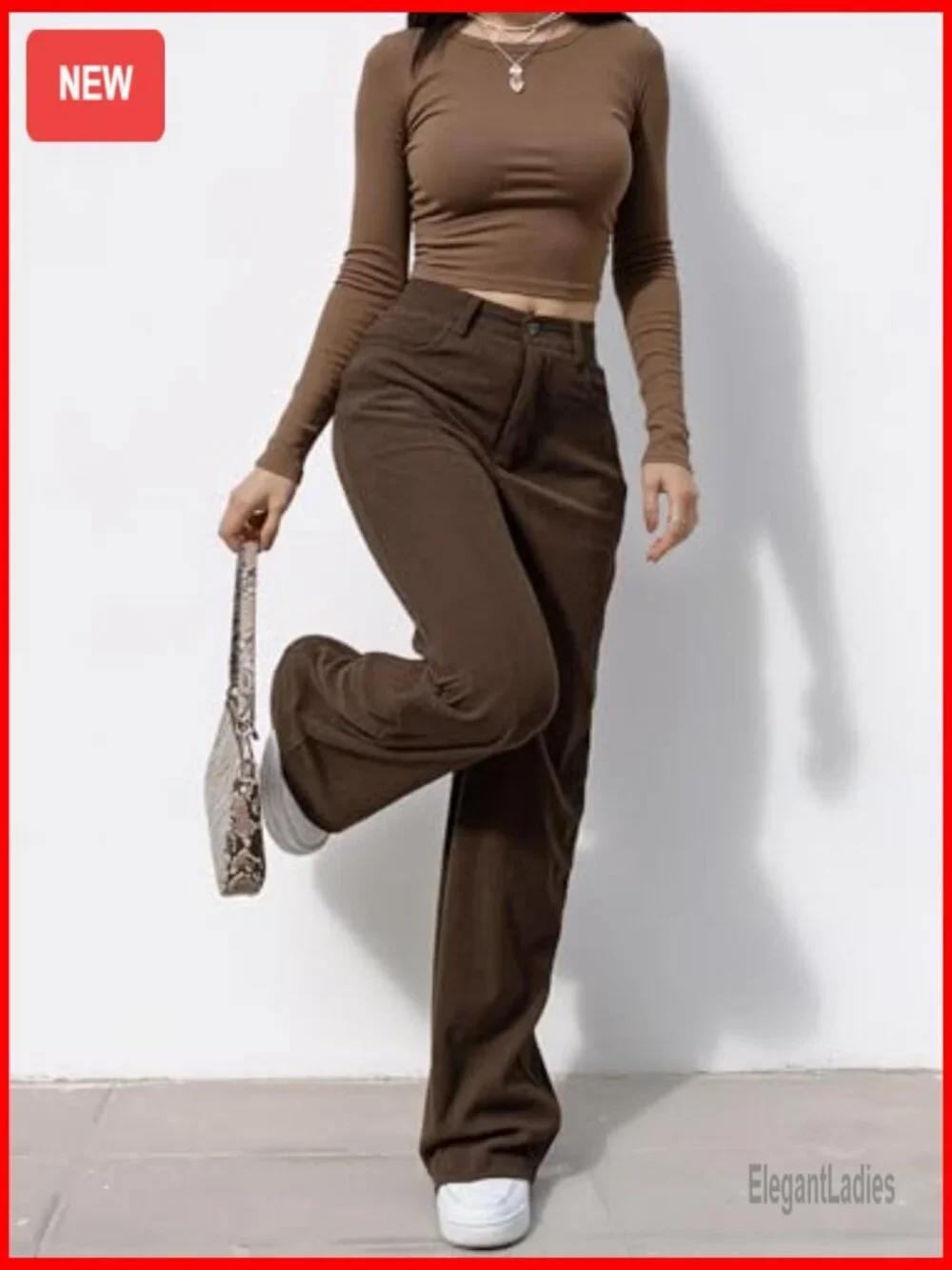 Corduroy Wide Leg Pants Women Elastic Waist Casual Trousers with Pockets